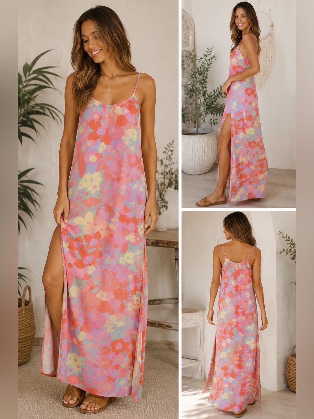 Billabong Floral Maxi Dress Pink Coral Pastel Side Slit Strappy Beachy Boho XS